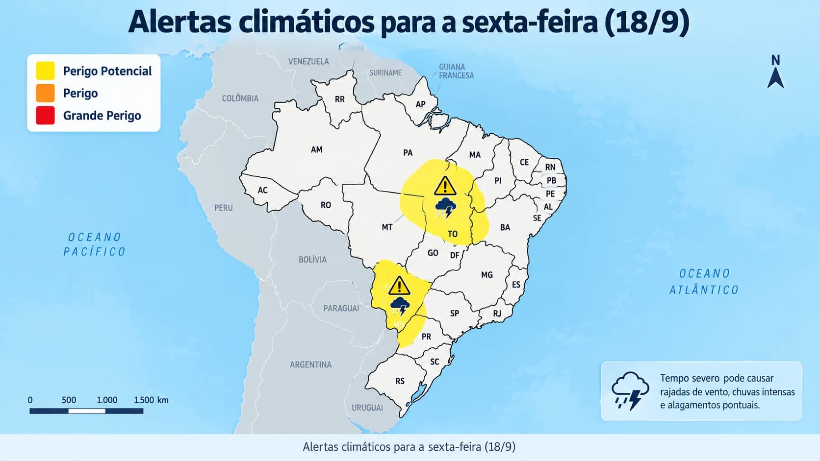 Mapa do Brasil com alertas de tempo severo em Mato Grosso do Sul e na divisa de Tocantins com Maranhão e Piauí para sexta-feira (18/9)