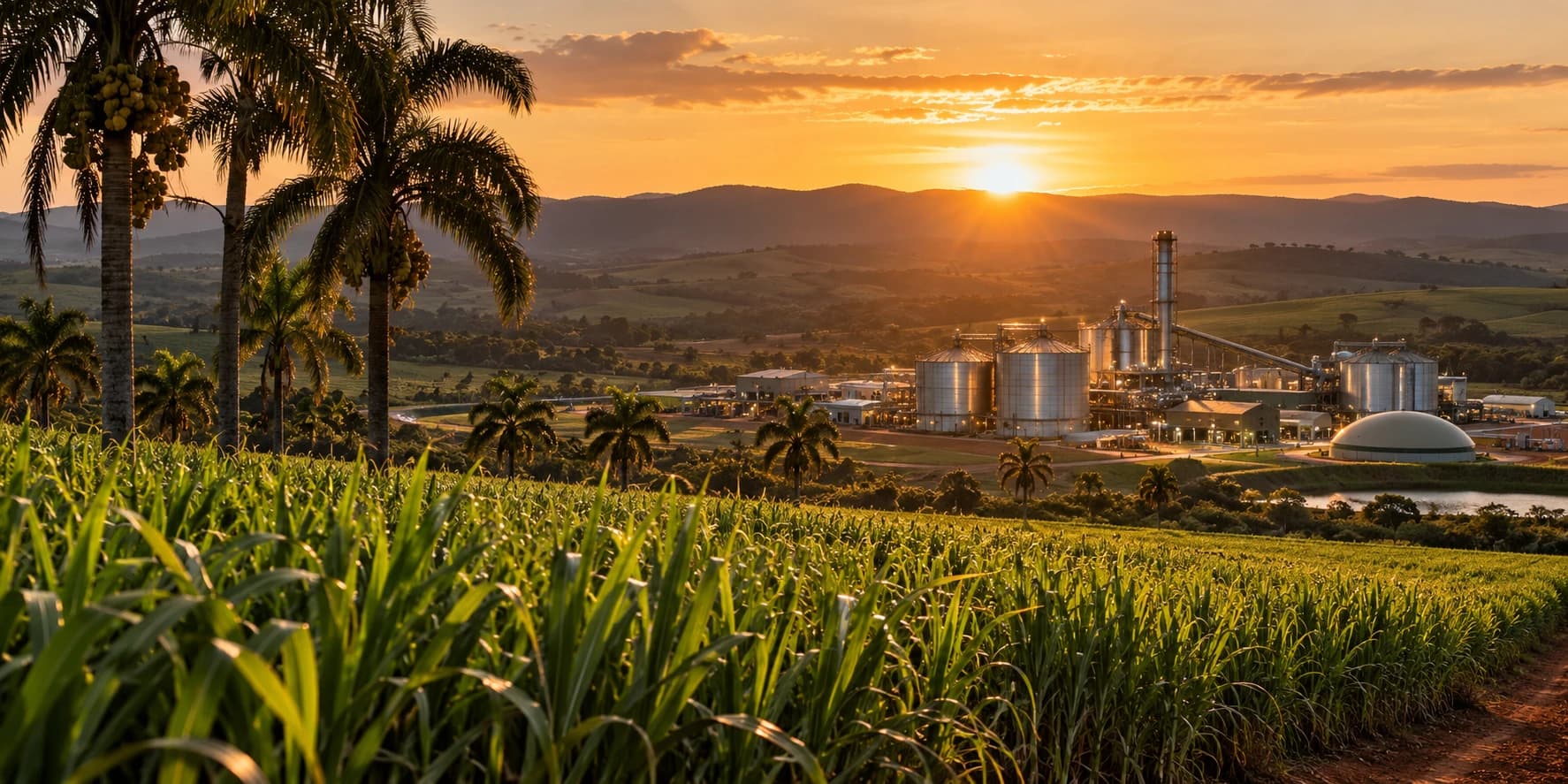 Canavial e palmeiras de macaúba com usina de bioenergia ao fundo em Minas Gerais