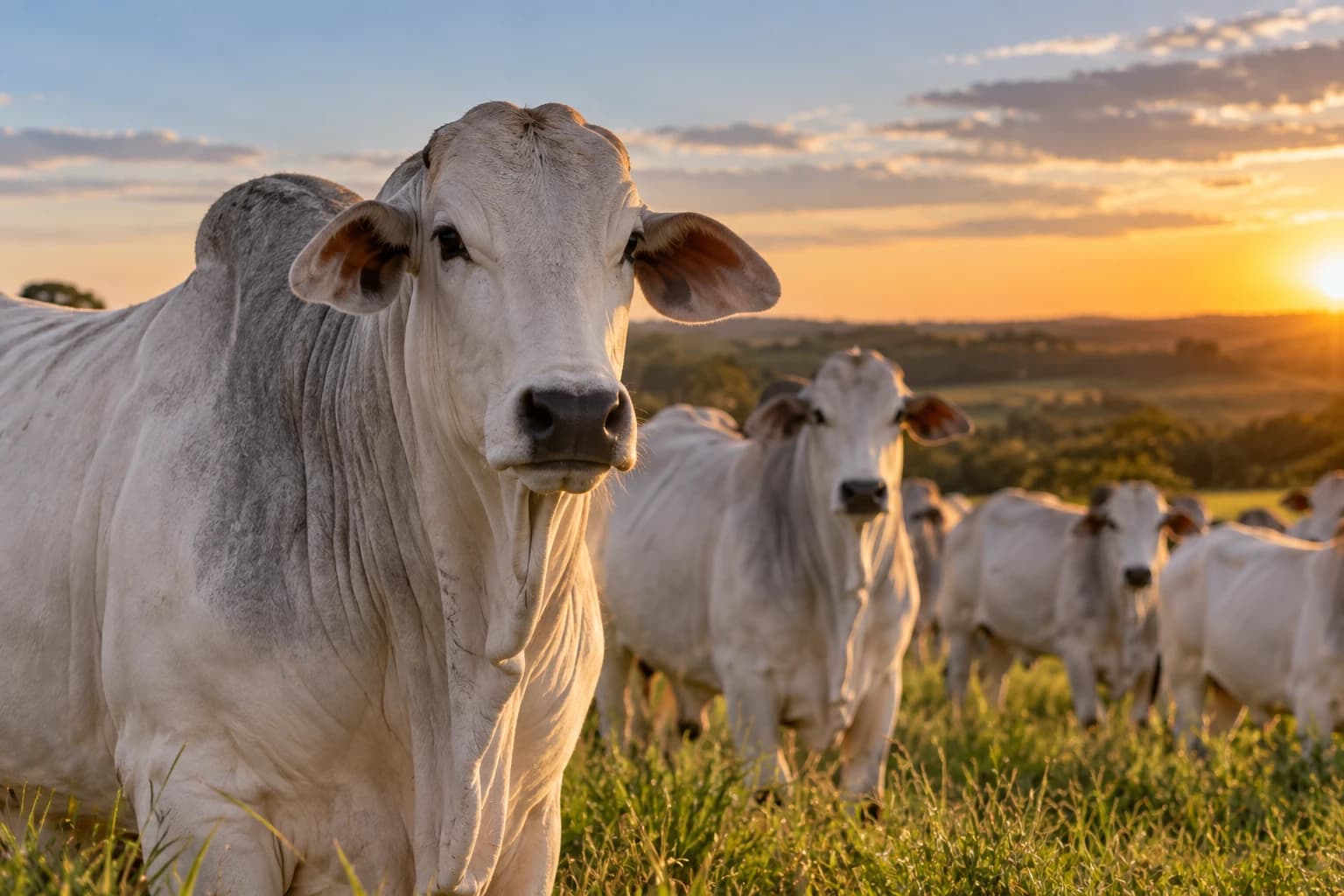Rebanho de gado Nelore em pastagem ao pôr do sol