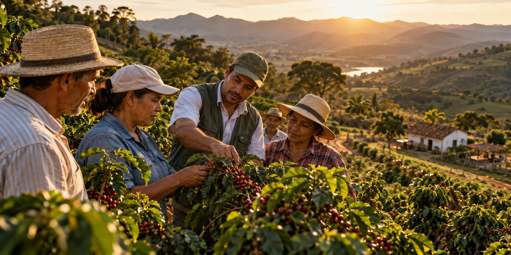 Agricultores familiares recebendo orientação técnica em lavoura de café em Minas Gerais