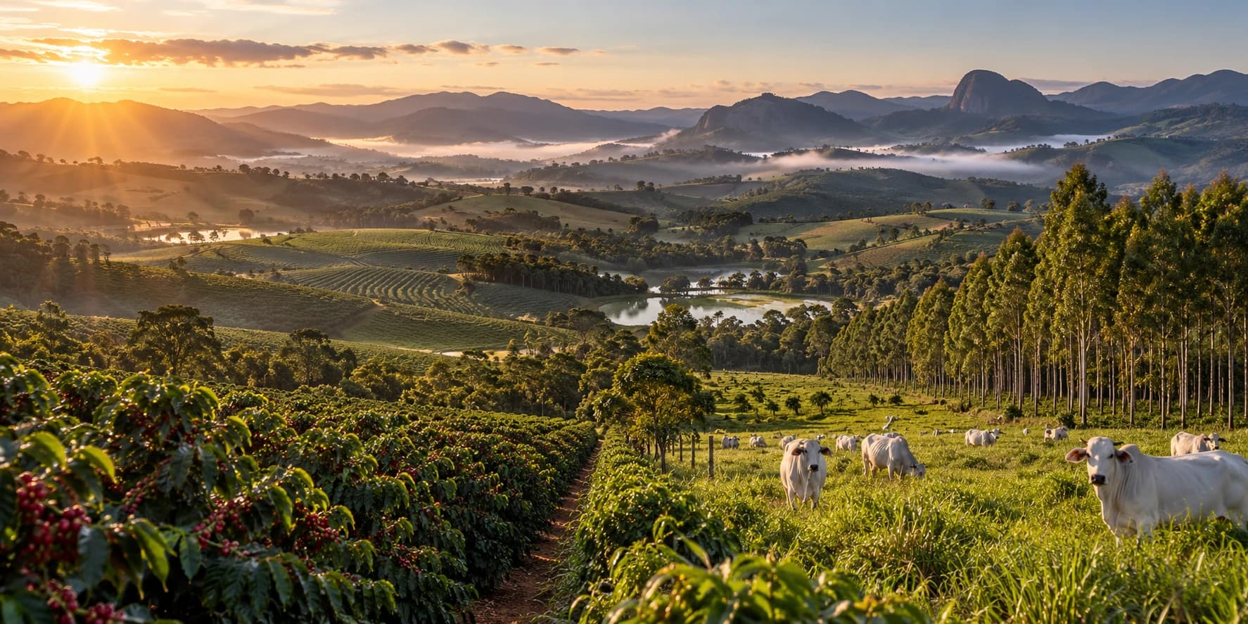 Cafezal, pastagem com gado e floresta em sistema integrado em Minas Gerais
