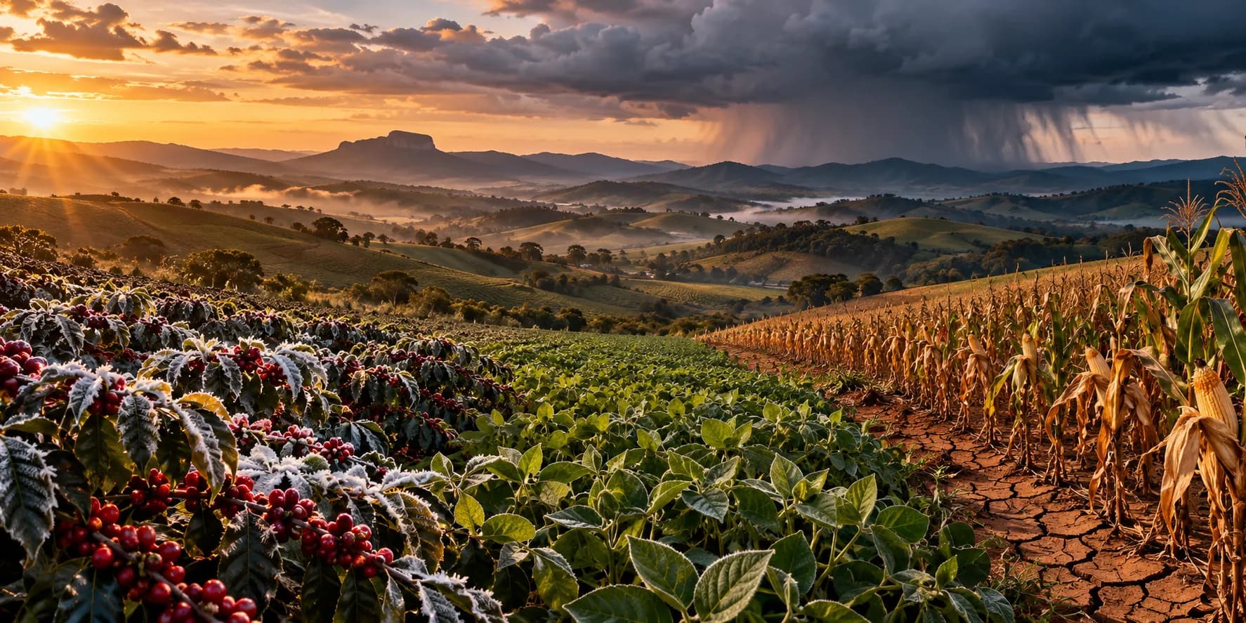Cafezal com geada, lavoura de soja e milho seco sob tempestade em Minas Gerais