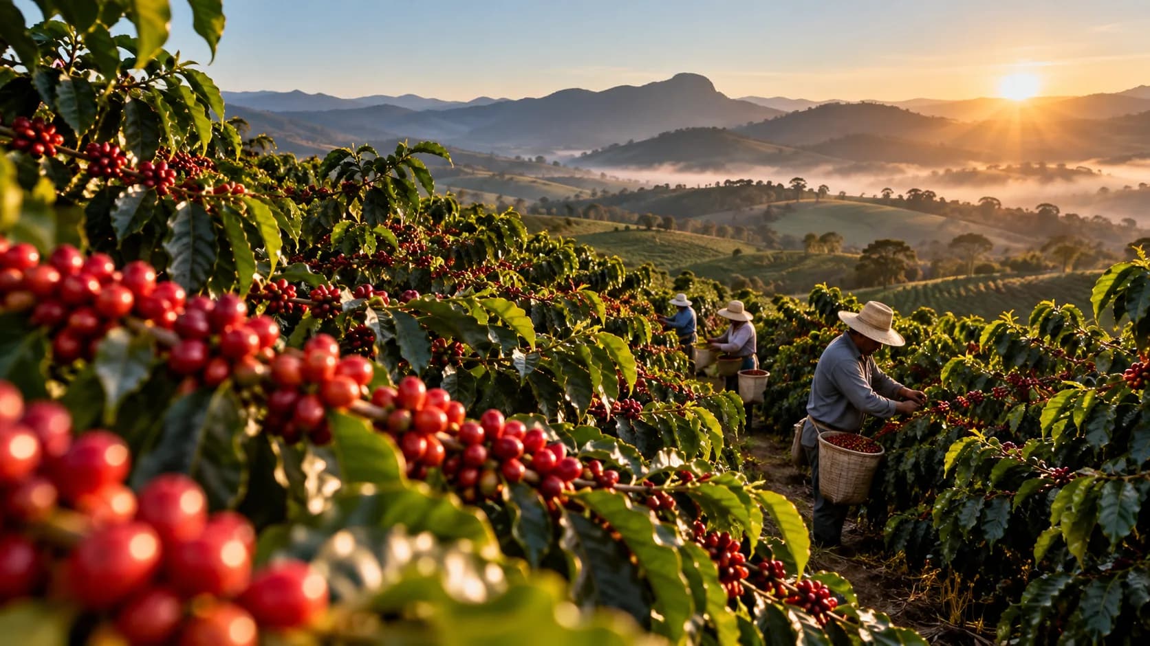 Colheita de café em região montanhosa de Minas Gerais
