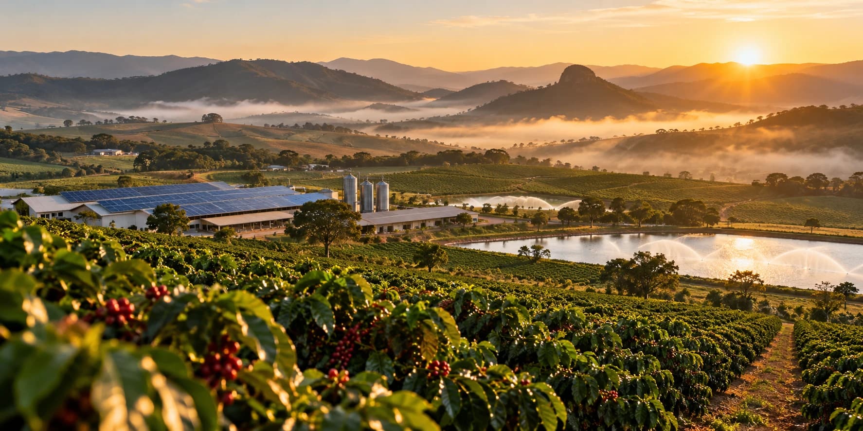 Fazenda de café em Minas com painéis solares, silos e irrigação ao nascer do sol