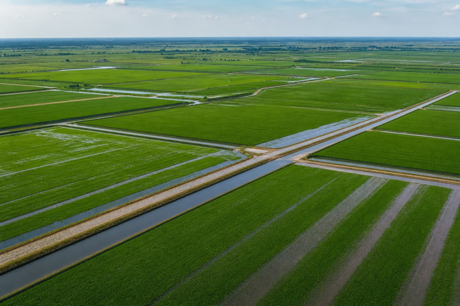 Lavoura de arroz irrigada no Rio Grande do Sul vista aérea